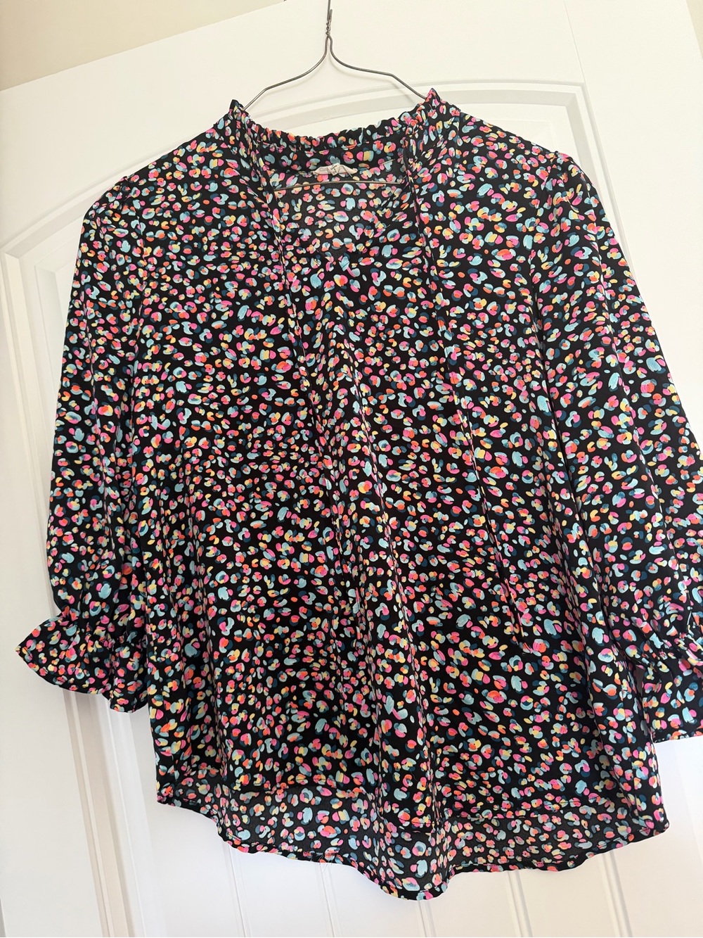 JODIFL Black Multi-Dot Ruffle Neck Blouse